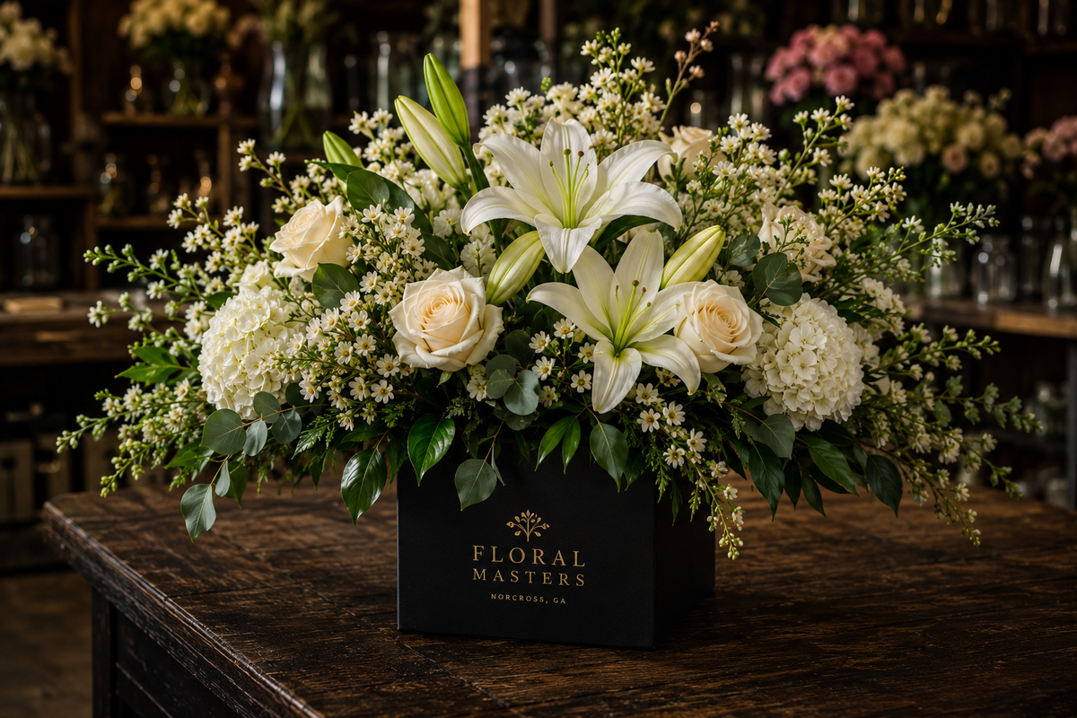 Seasonal flower arrangement with layered color and texture by Floral Masters