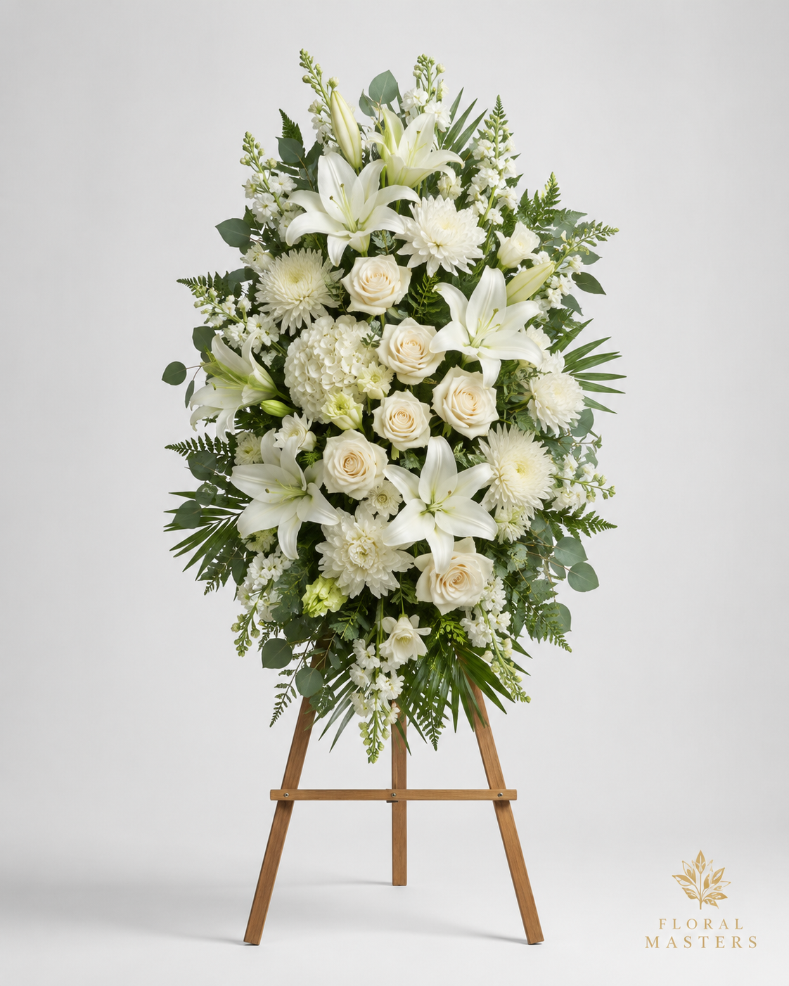 Ivory standing funeral spray by Floral Masters in Norcross GA