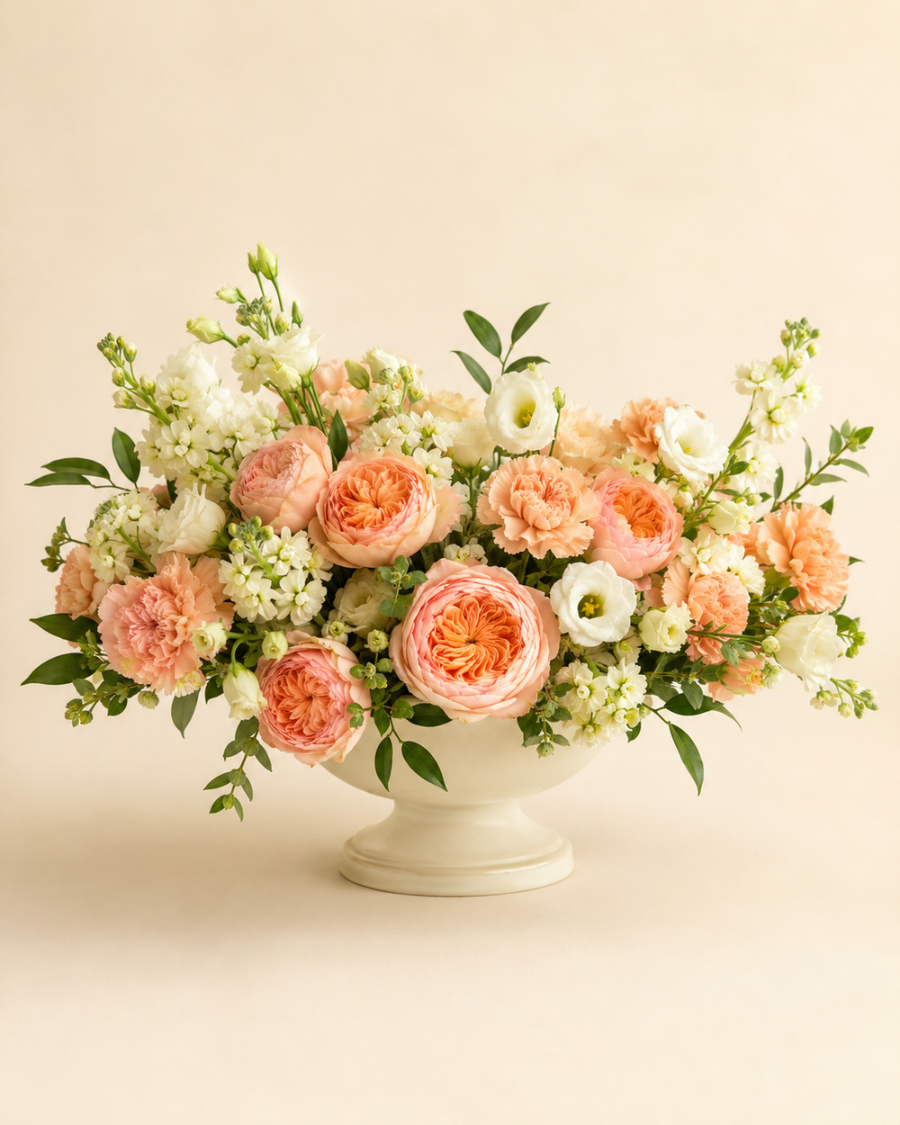 Apricot Avenue with peach roses, apricot carnations, ivory lisianthus, and cream stock