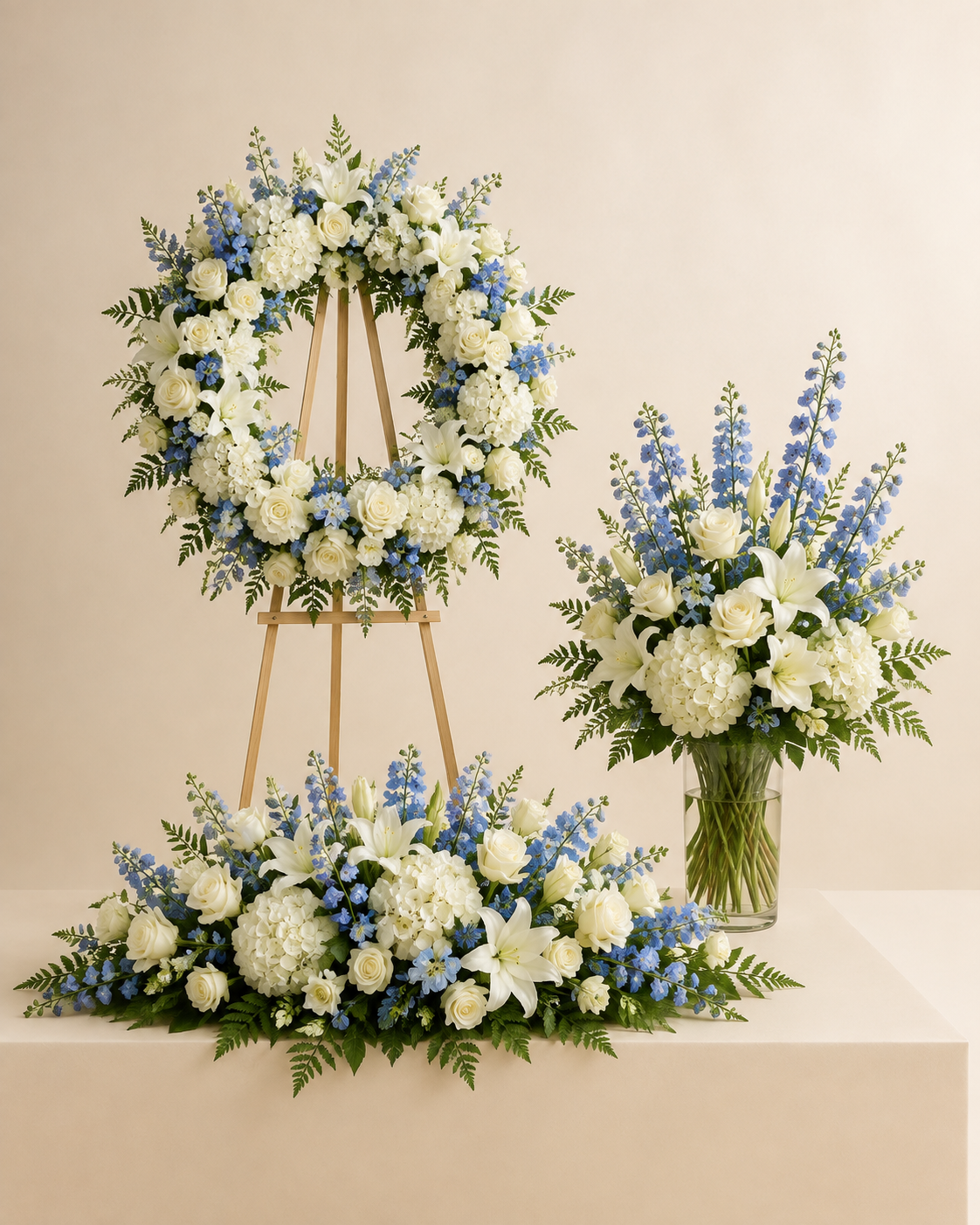 Blue Stillwater Farewell Suite with half-casket spray, wreath, and family vase