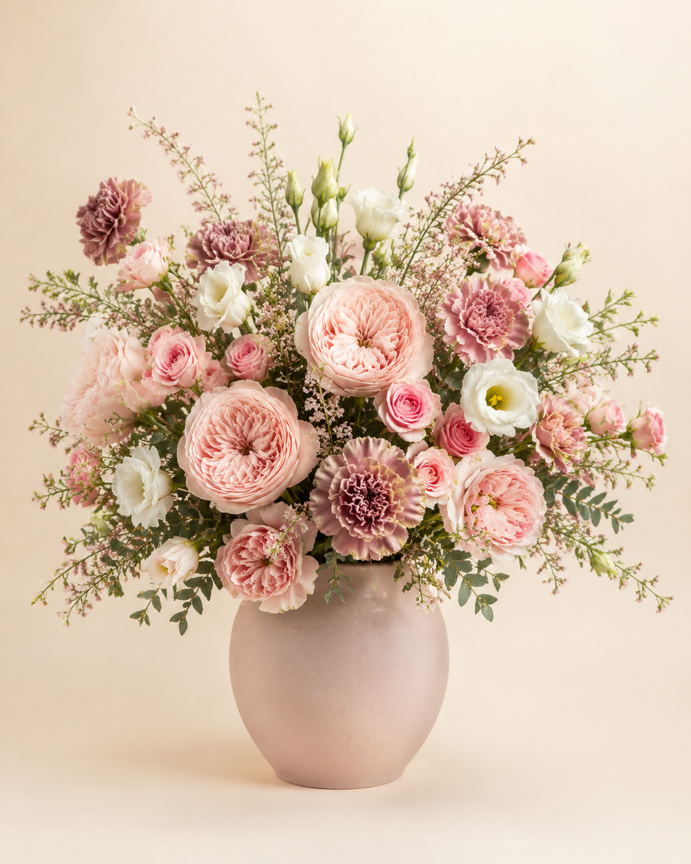 Blush Afterglow with blush roses, mauve carnations, and white lisianthus
