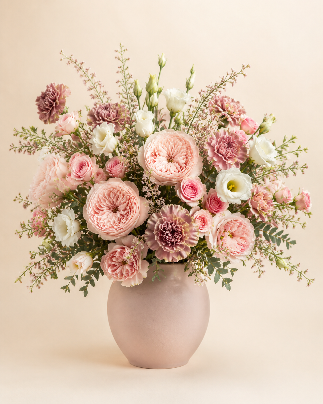 Blush Afterglow with blush roses, mauve carnations, and white lisianthus