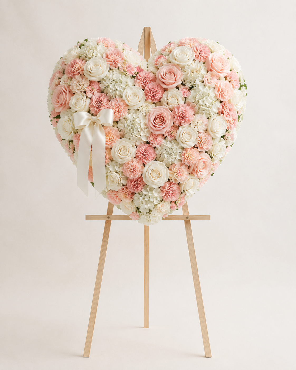 Blush Whisper Heart with blush and white roses, pale pink carnations, and hydrangeas