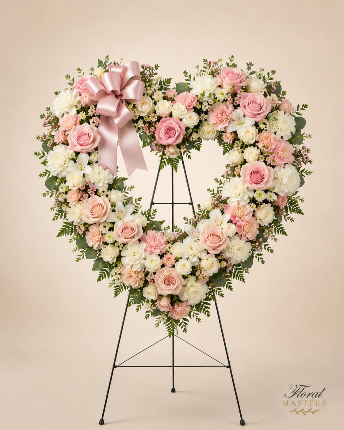 Pink and white open-heart funeral wreath with satin bow on black easel.