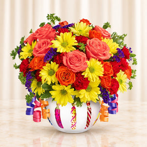 Brilliant Birthday Blooms — original catalog lifestyle photo, Premium arrangement shown