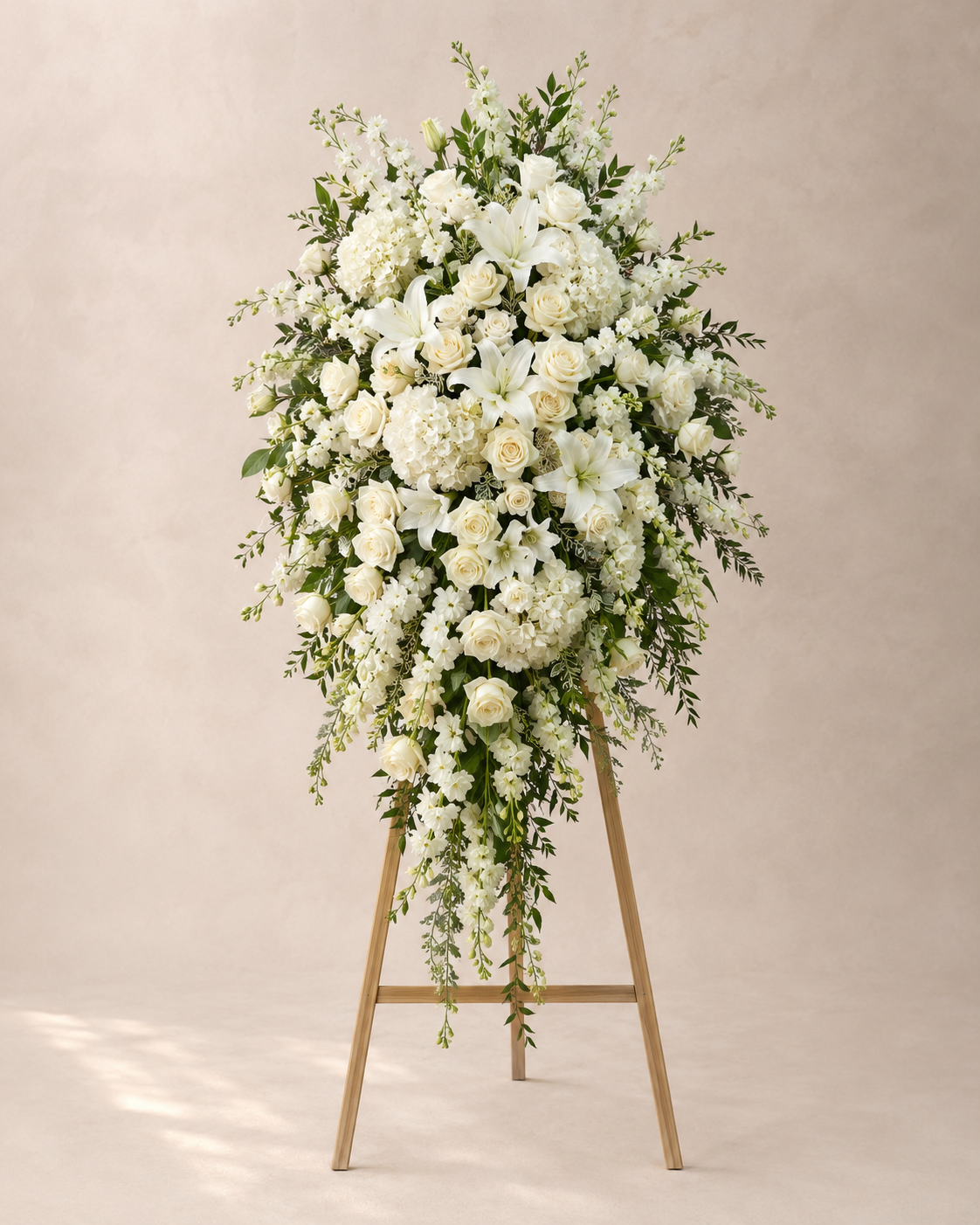 Cathedral Rose Cascade with ivory roses, white lilies, hydrangeas, and stock