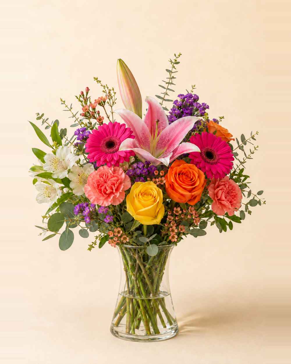 Celebration Mix - Standard in clear hourglass gathering vase