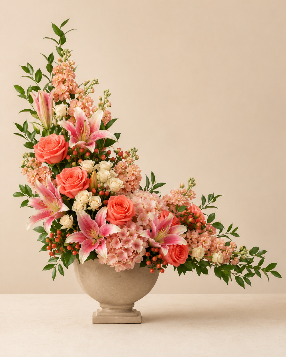 Coral Grace Urn Vase with coral roses and pink lilies