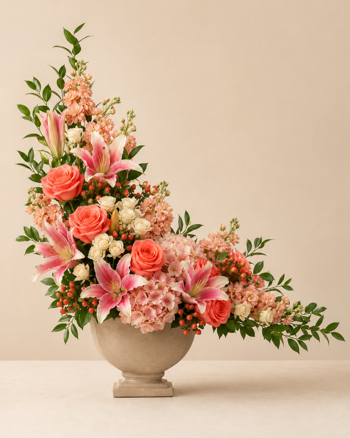Coral Grace Urn Vase with coral roses and pink lilies