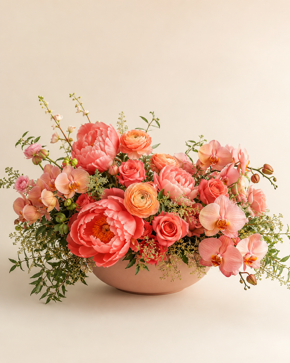 Coral Silk Pavilion with coral peonies, roses, ranunculus, and orchids