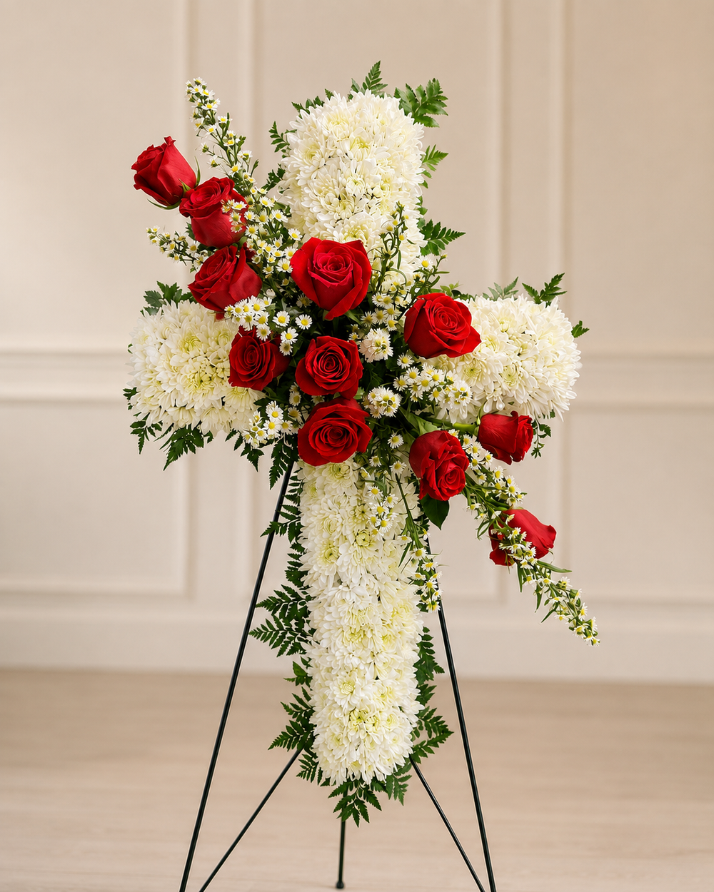 White chrysanthemum funeral cross with red roses on a black easel