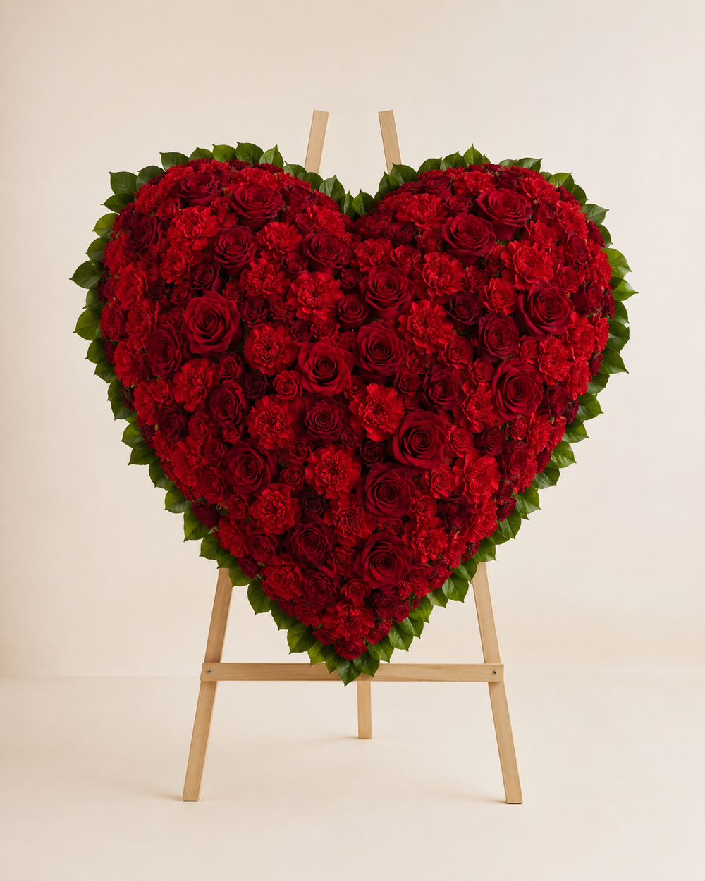 Crimson Keepsake Heart with red roses, carnations, burgundy spray roses, and salal border