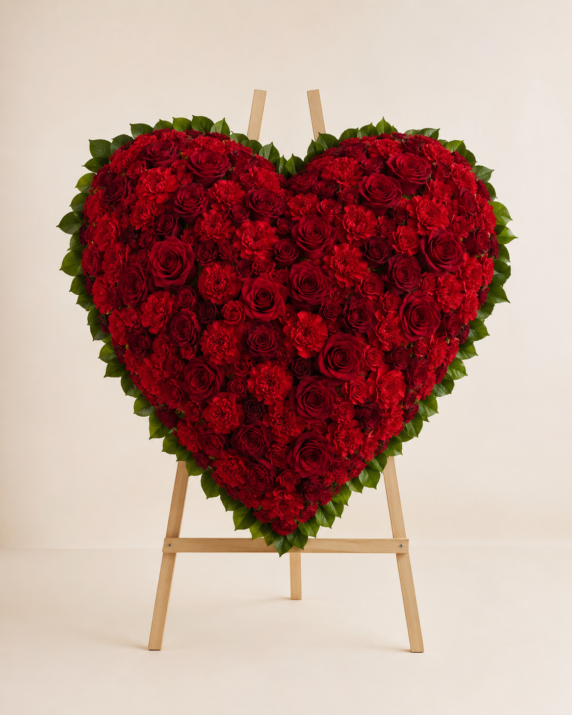 Crimson Keepsake Heart with red roses, carnations, burgundy spray roses, and salal border