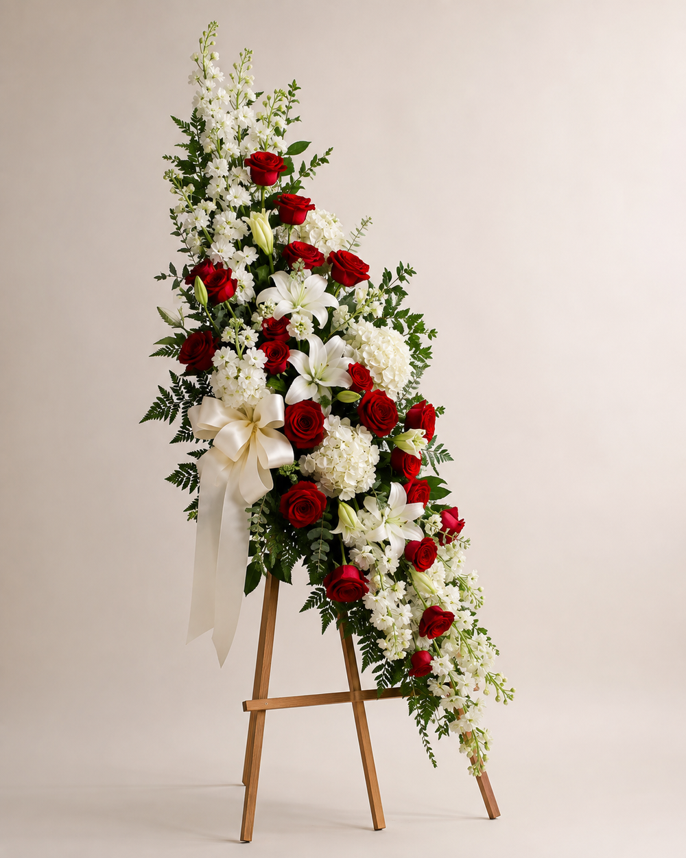 Crimson Ribbon Honor Spray with red roses, white lilies, hydrangeas, and ivory ribbon