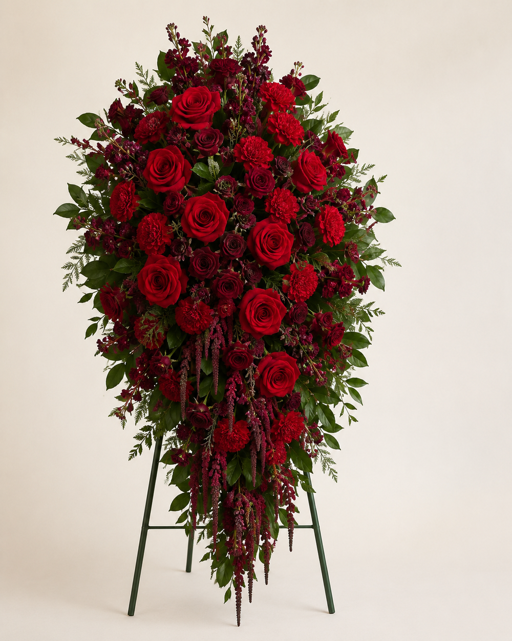 Everlasting Crimson Cascade standing funeral spray