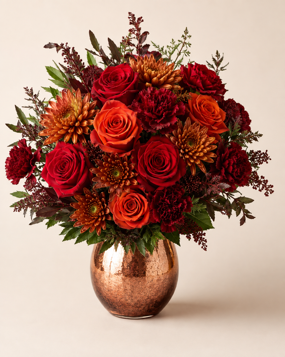 Fireside Romance red and copper flower arrangement