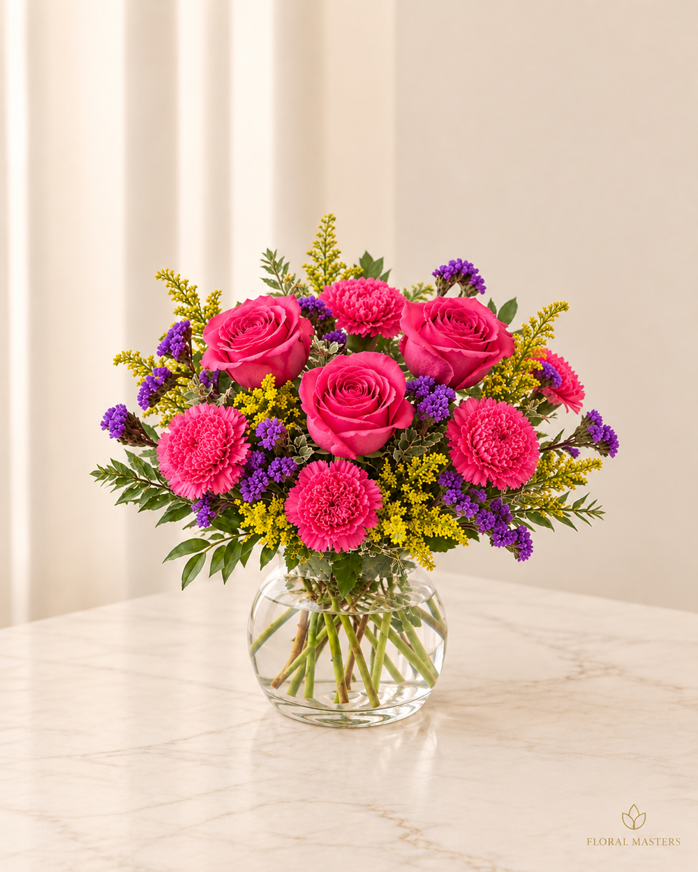 Pink Fireworks Bouquet - Standard - 3 hot pink roses with pink carnations, purple statice and golden solidago