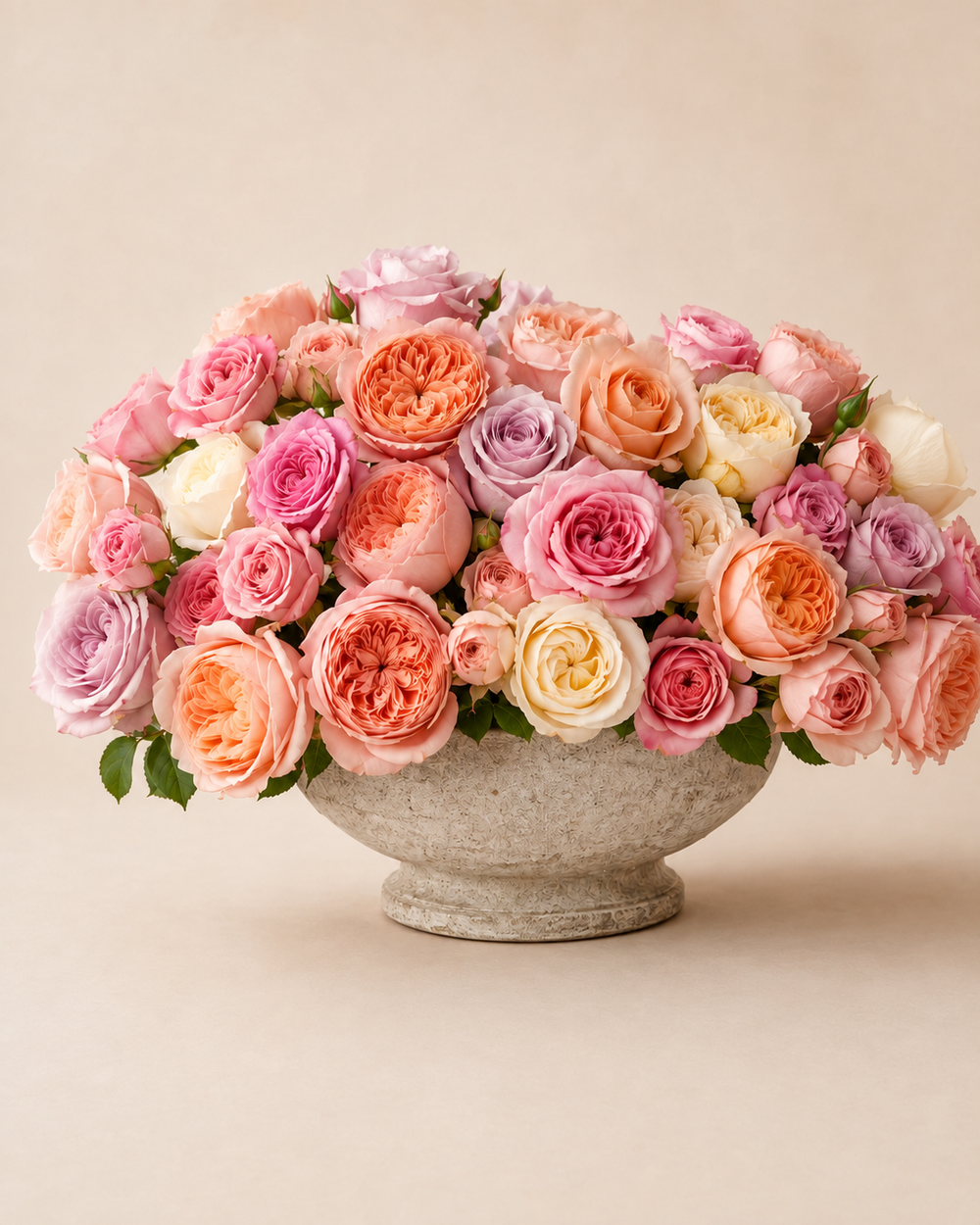 Garden Rose Symphony peach, pink, ivory, and lavender garden roses in a stone compote