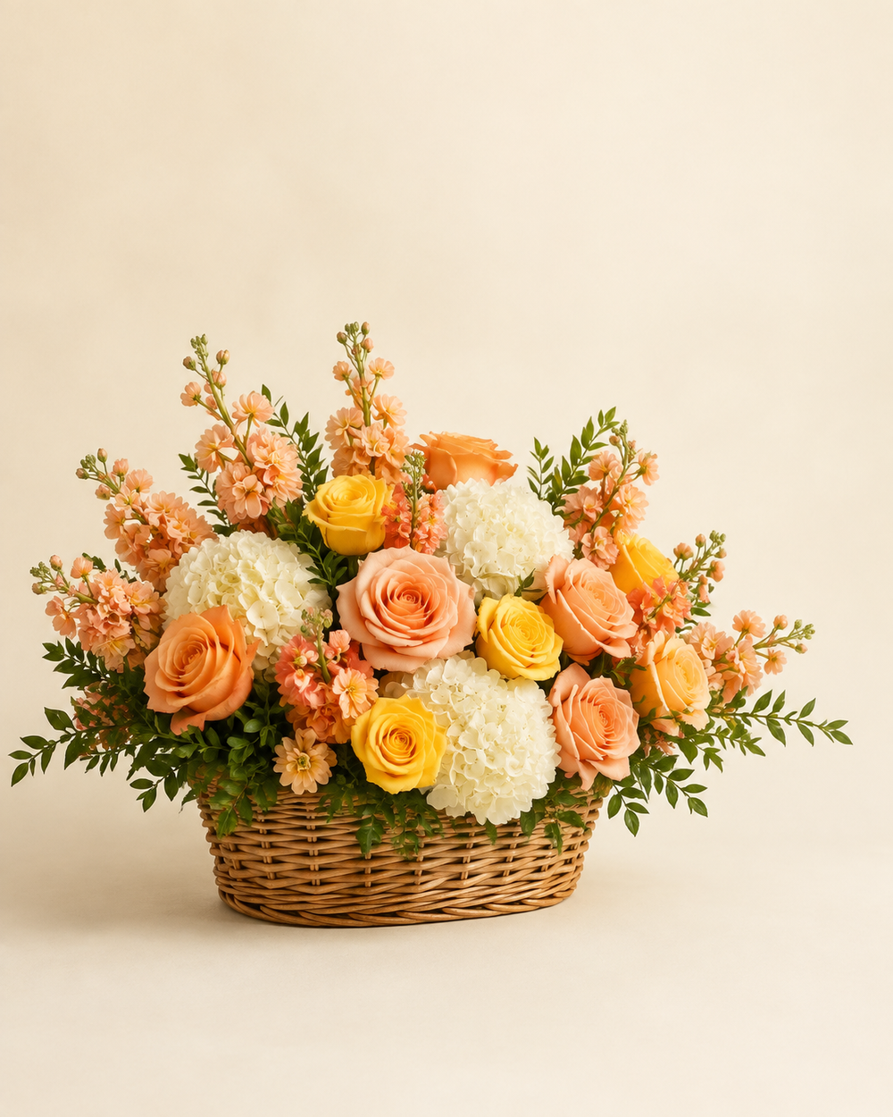 Gentle Orchard sympathy basket with peach and yellow roses, white hydrangeas, and peach stock in a natural willow basket