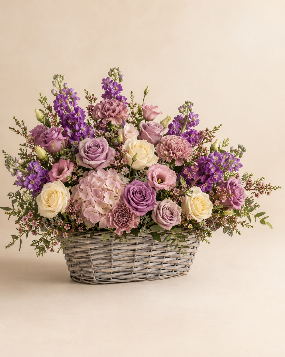 Heather Rose sympathy basket with lavender roses, mauve carnations, purple stock, blush hydrangeia, pink lisianthus, cream roses, and waxflower in graywashed willow
