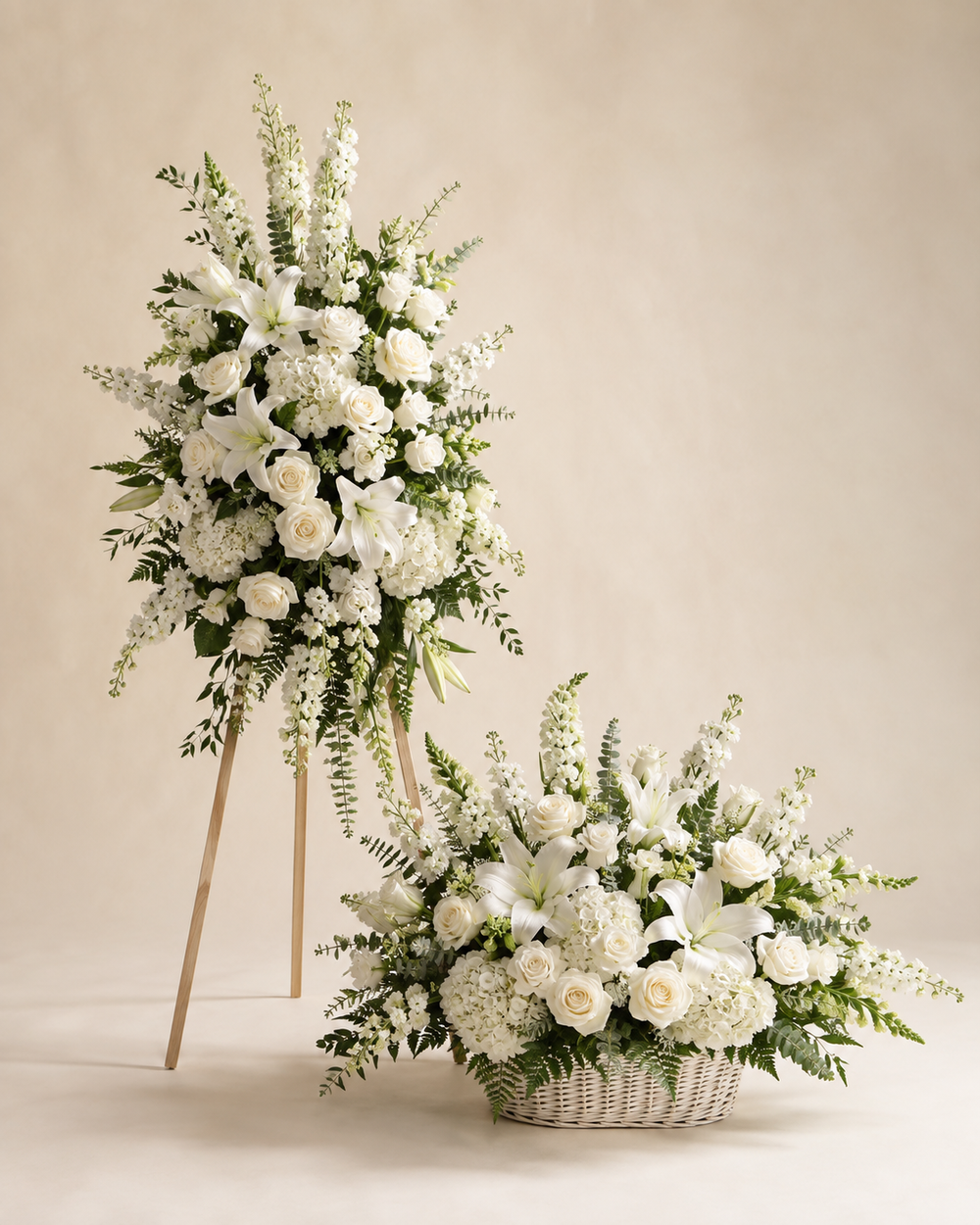 Ivory Path Ceremony Duo with coordinated white standing spray and floor basket