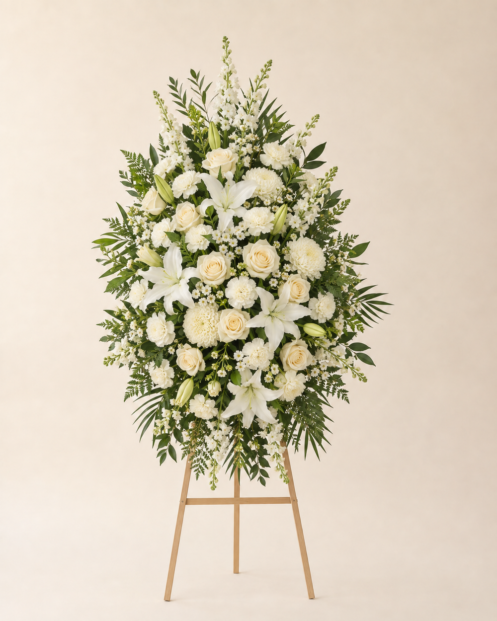 Ivory Path Standing Spray - Standard white roses, lilies, carnations, mums and stock