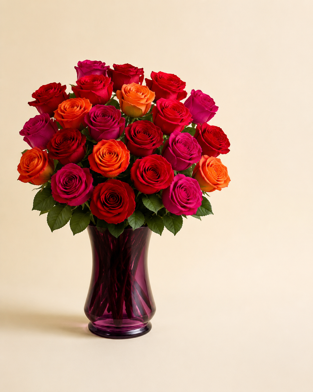 Jewel Tone Rose Twenty-Four with ruby-red, burnt-orange, and fuchsia roses in a plum glass vase
