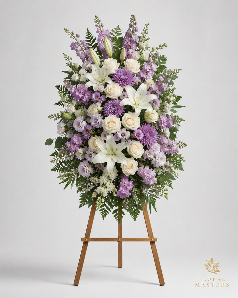 Lavender and white funeral standing spray with lilies, roses and purple chrysanthemums on wooden easel