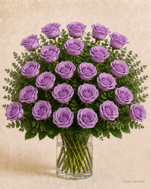 24 lavender roses with greenery in a clear glass vase
