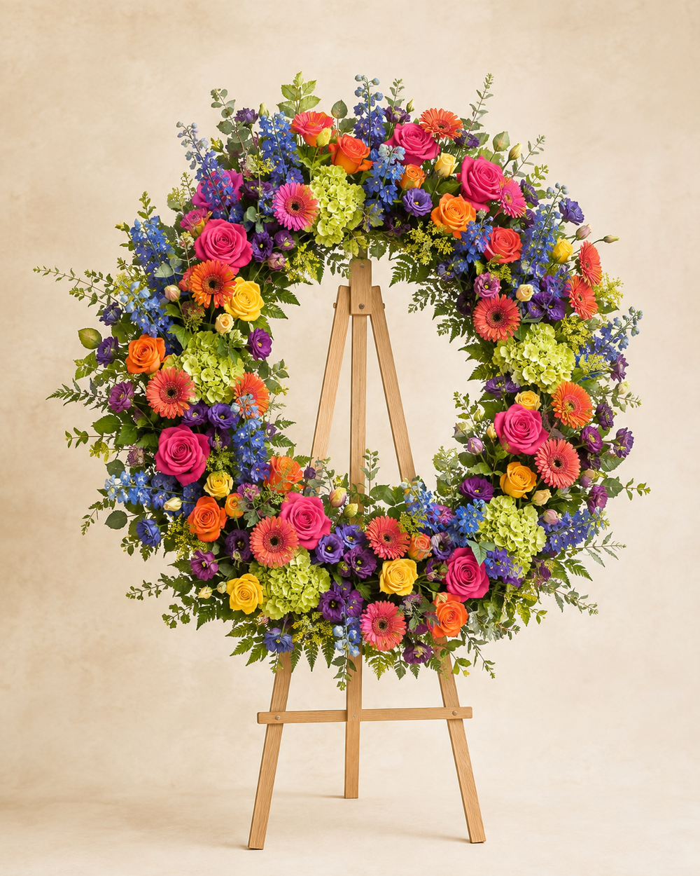 Life in Color Botanical Wreath with vivid garden flowers on an easel
