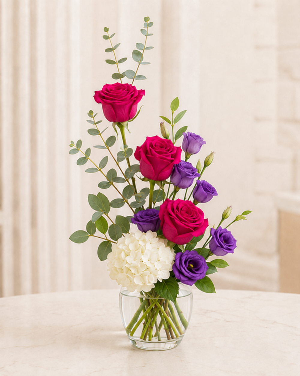 Magenta Luxe Bouquet - Standard one-sided magenta roses, purple lisianthus and white hydrangea
