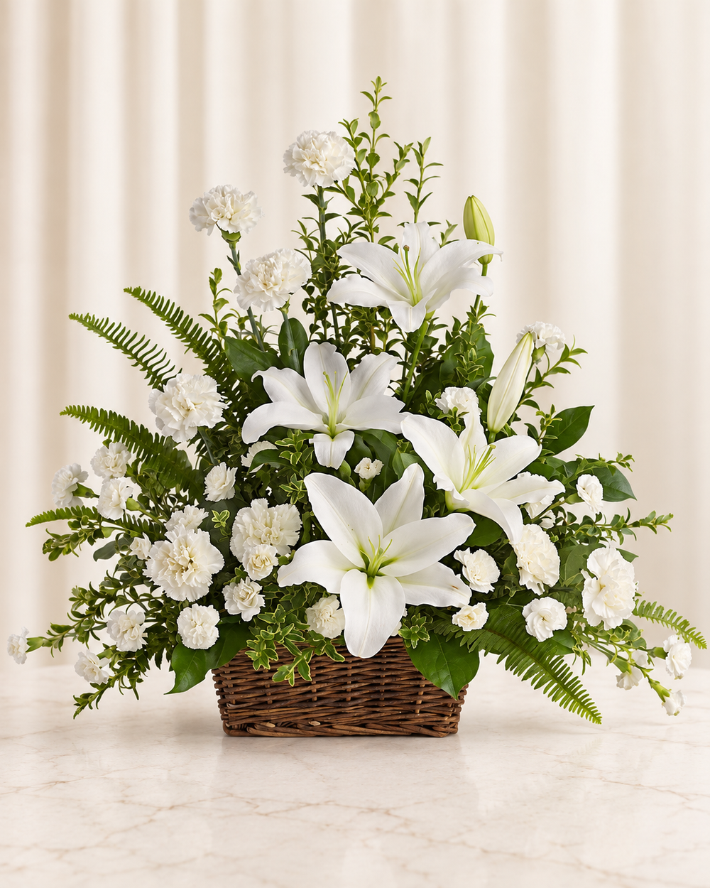 Peaceful White Lilies Basket — Standard — cream background
