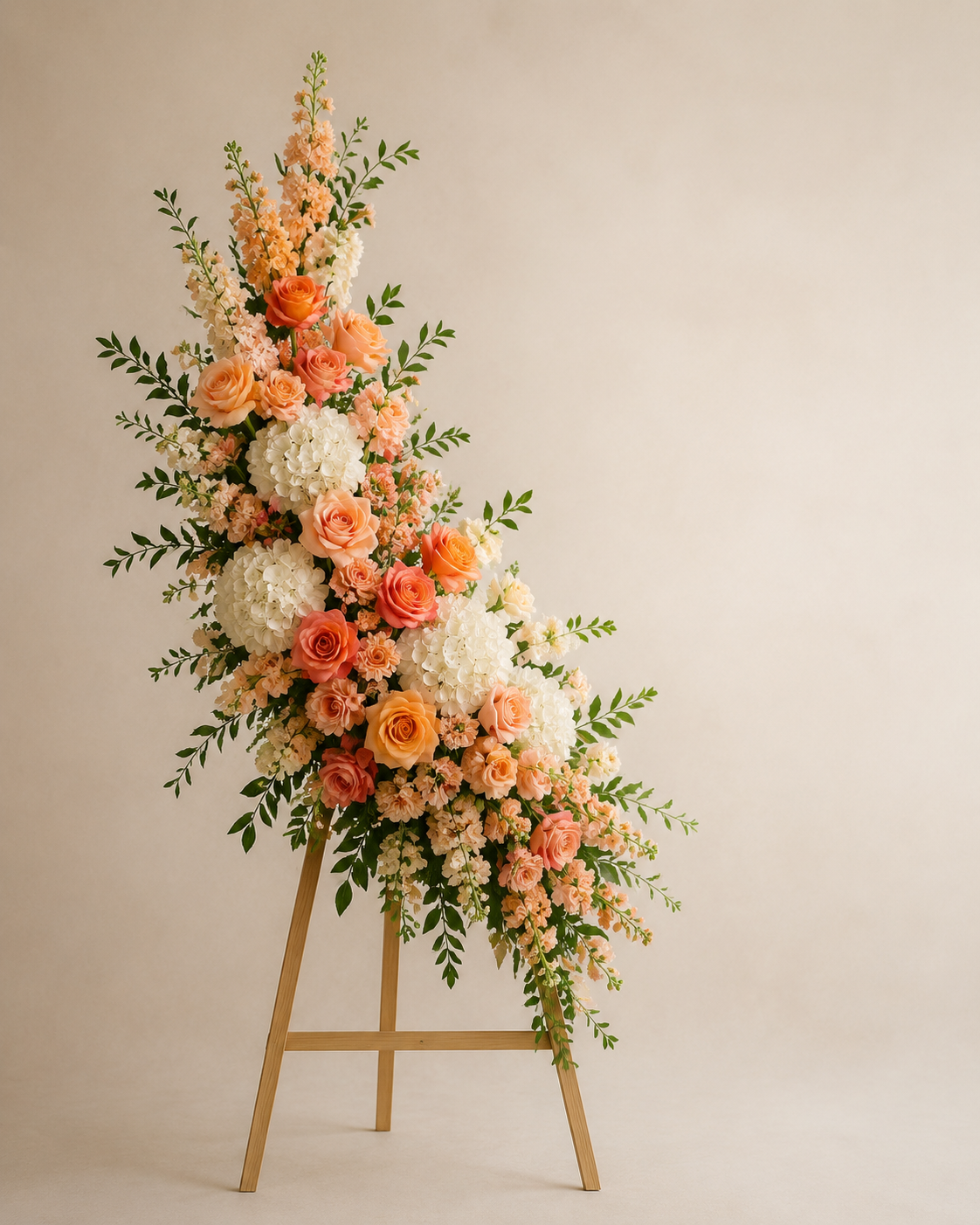Peach Garden Ascent with peach and coral roses, white hydrangeas, and peach stock
