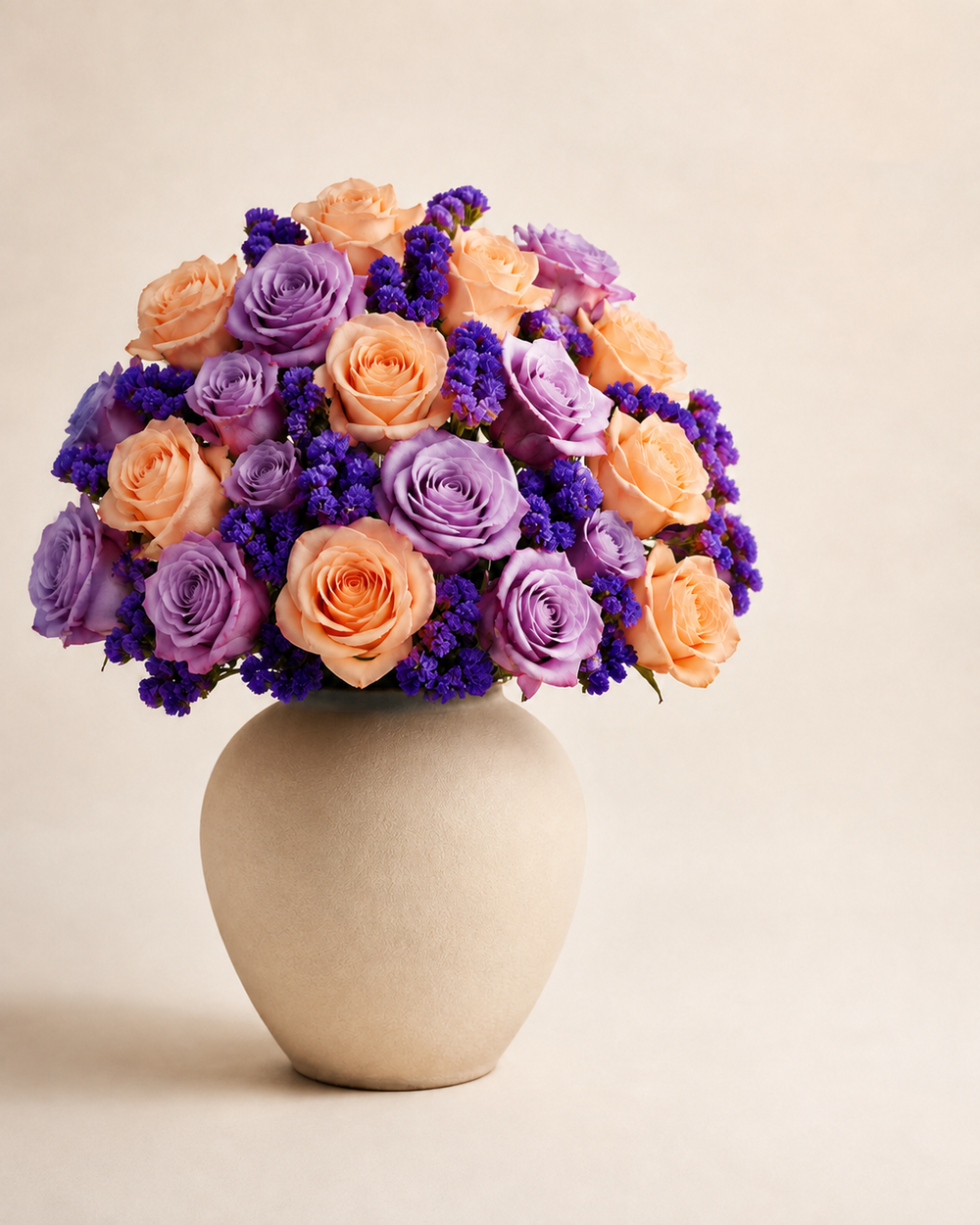 Peach Lavender Rose Mosaic in a matte sand ceramic vase