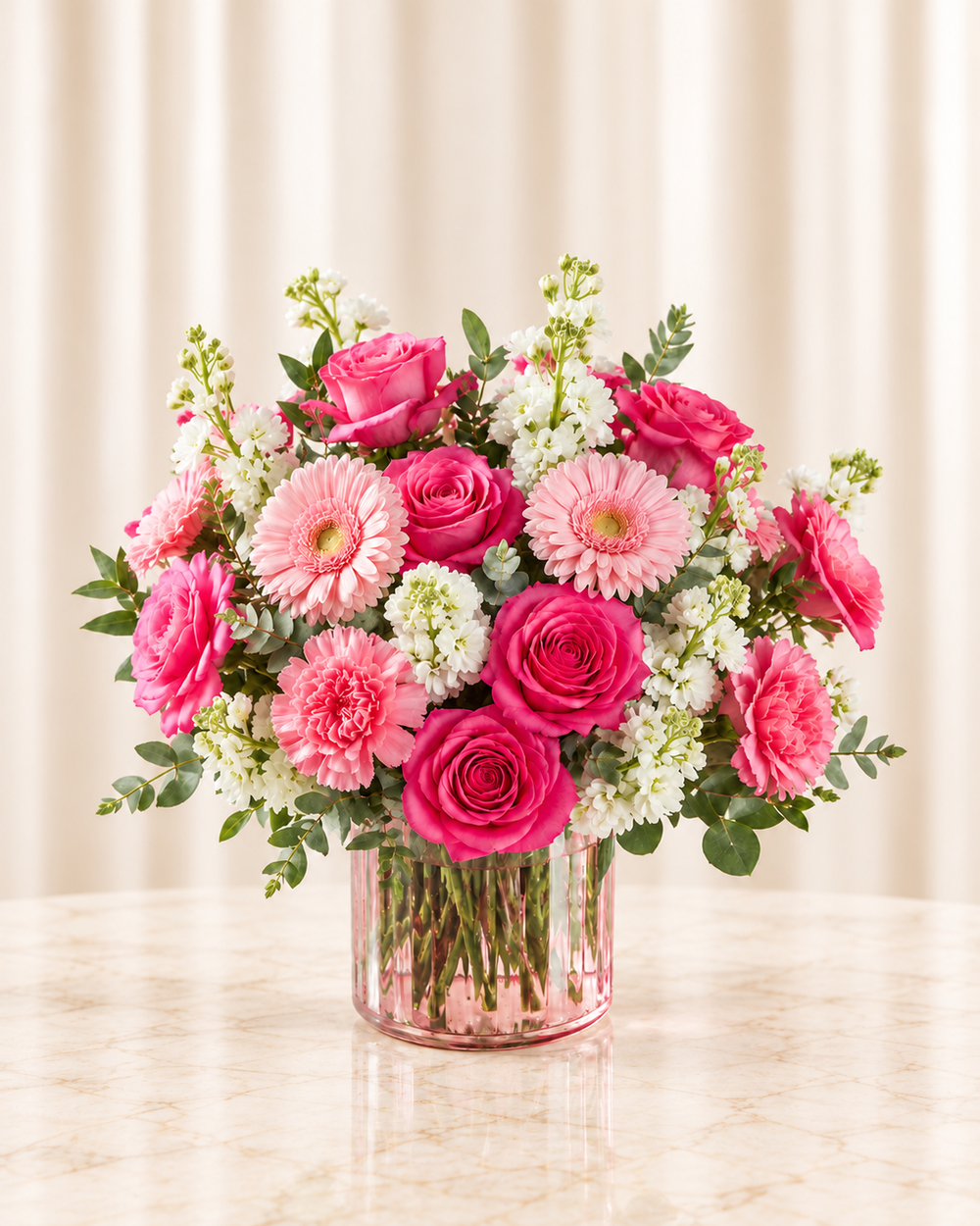 Pink Candlelight Party — Standard — compact pink bouquet in blush glass vase
