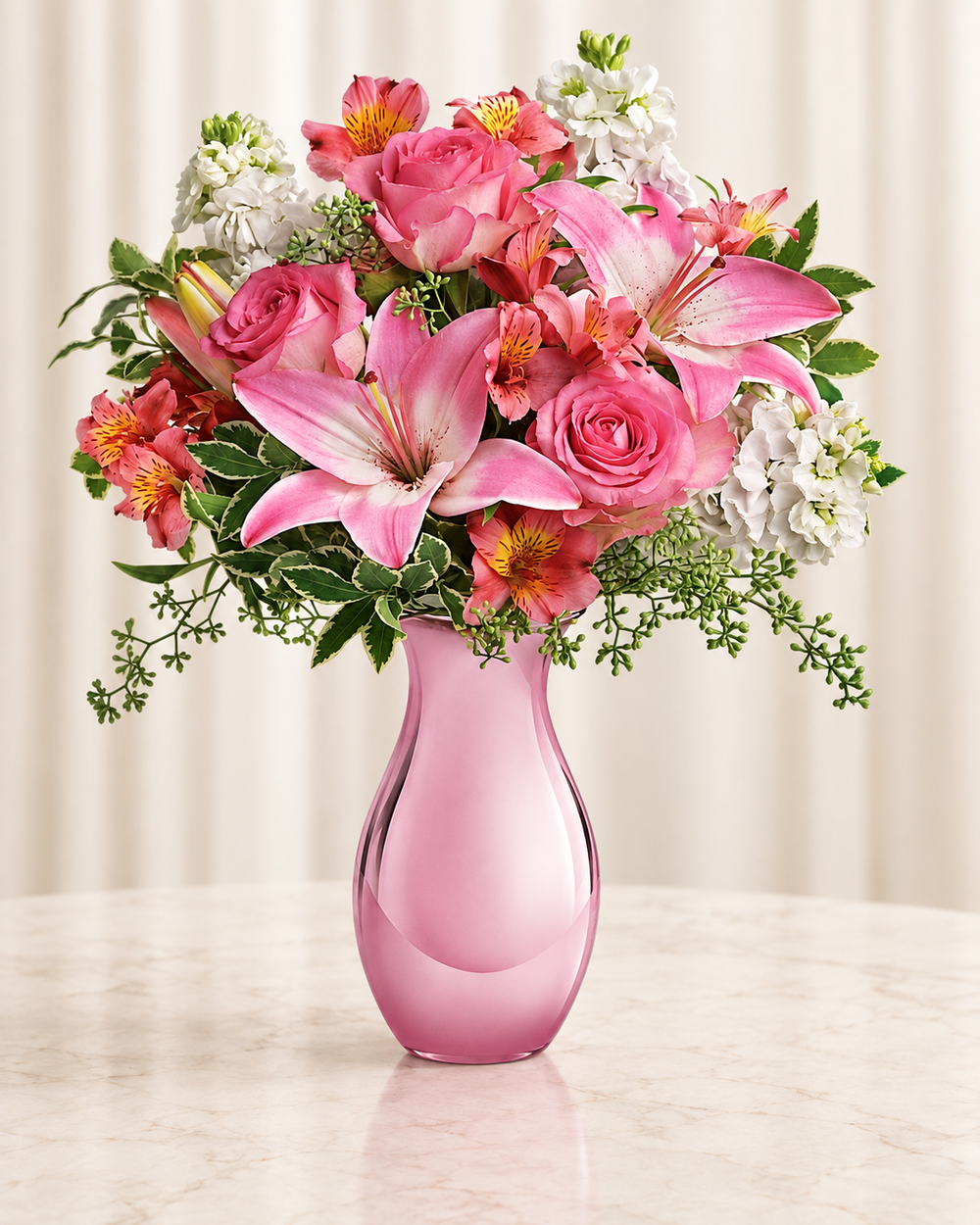 Pink Reflections Bouquet with Roses — Standard — cream background