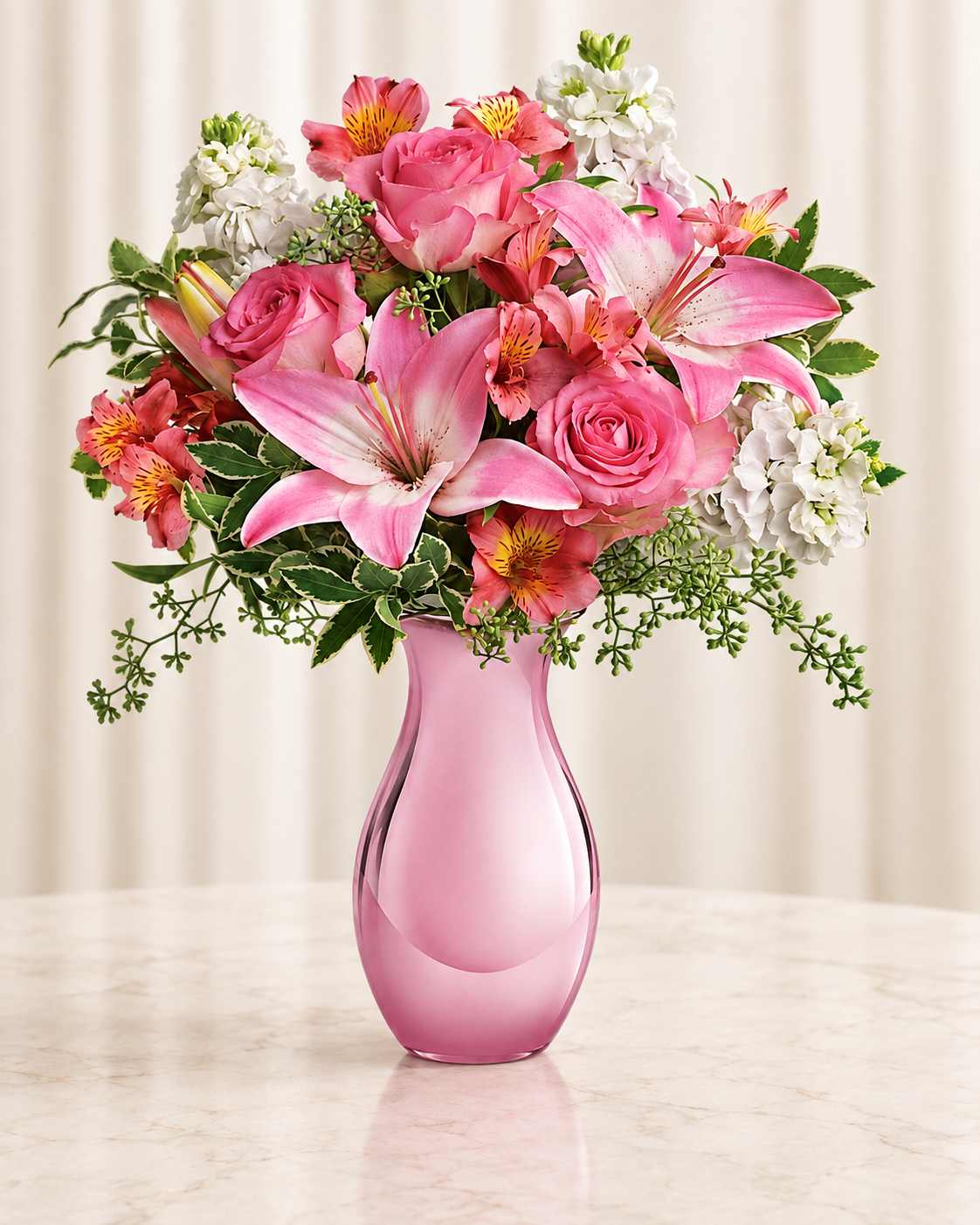 Pink Reflections Bouquet with Roses — Standard — cream background