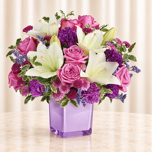 Pleasing Purple Bouquet — original catalog lifestyle photo, Premium arrangement shown in a room setting