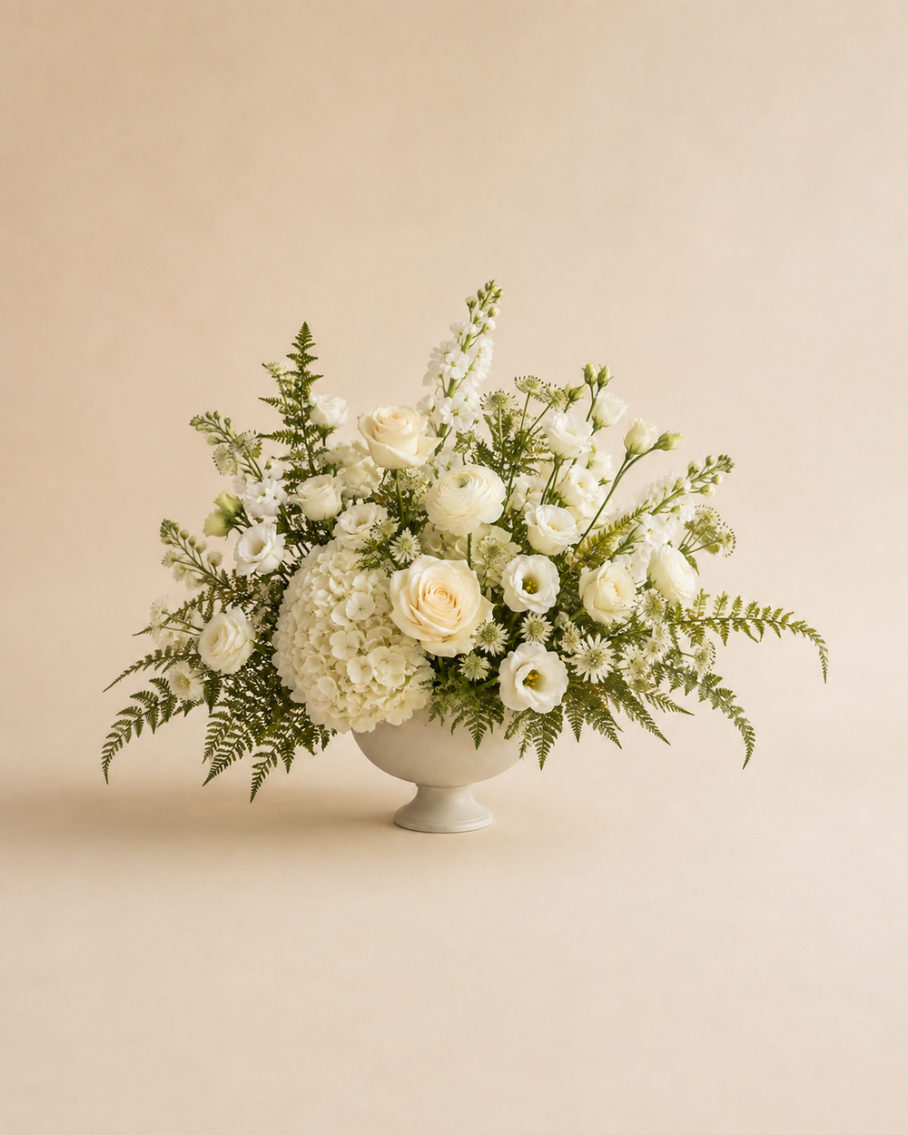Pure Meadow Pedestal with layered white flowers and fern