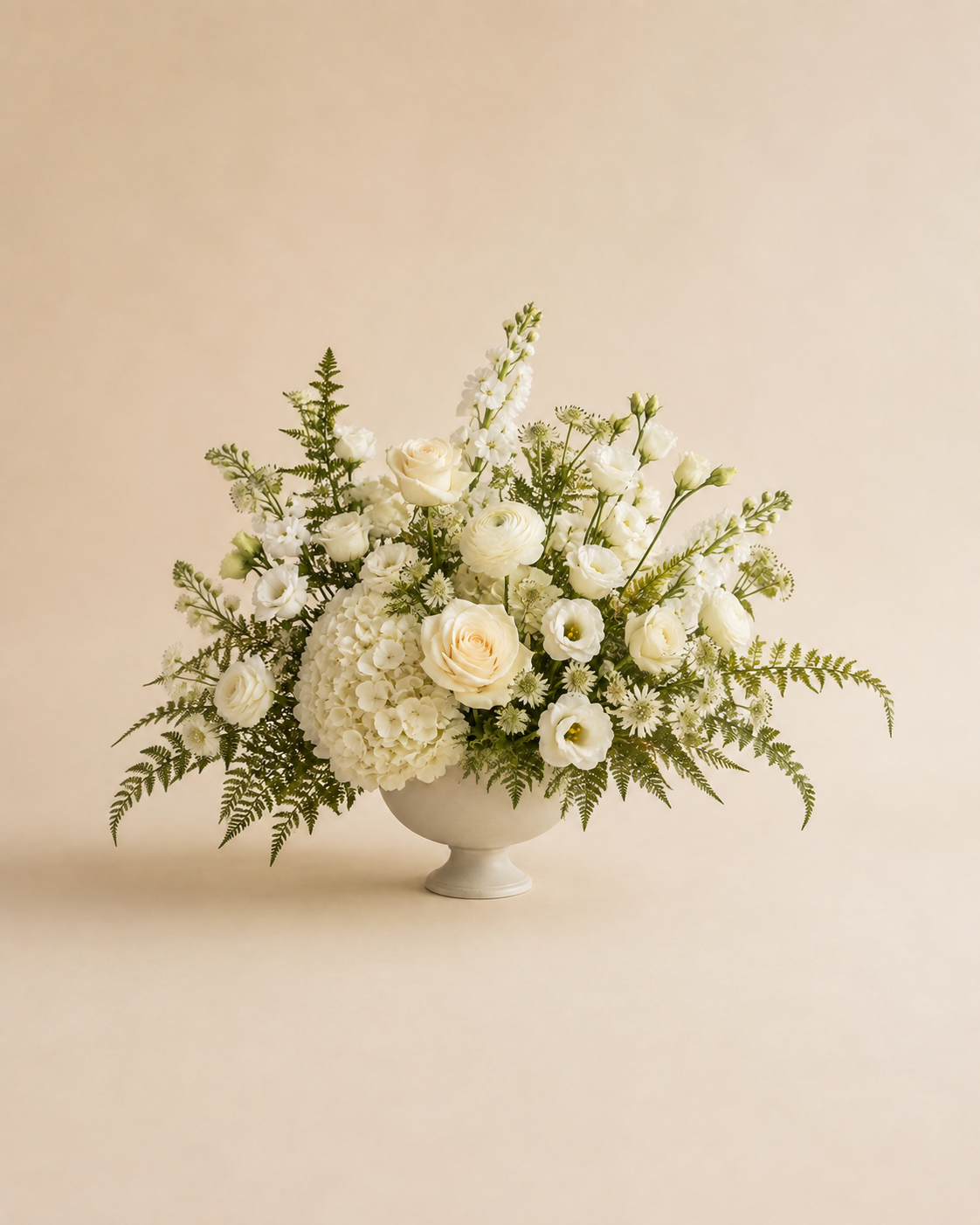Pure Meadow Pedestal with layered white flowers and fern