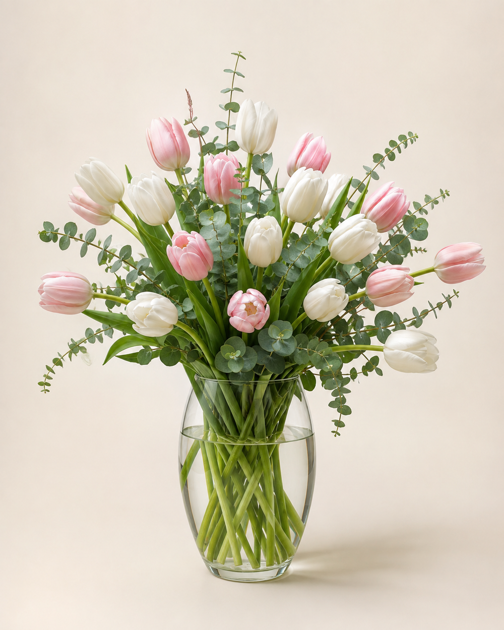 Quiet Tulip Cheer white and pale pink tulip arrangement