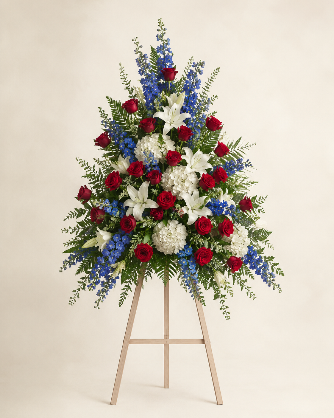 Red White and Blue Service Honor Spray with roses, lilies, delphinium, and hydrangeas