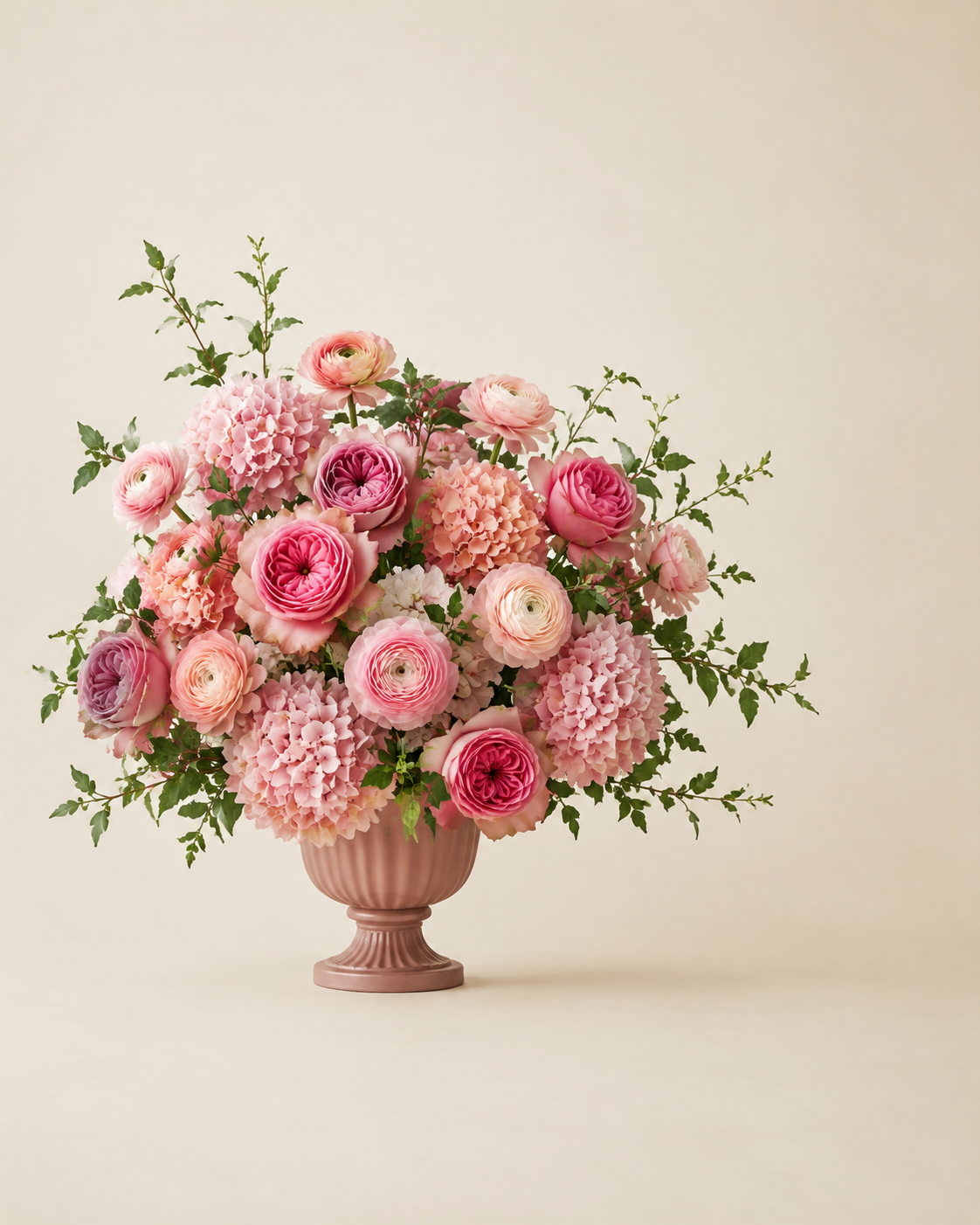 Rose Jardin Monument with blush hydrangeas, garden-pink roses, and blush ranunculus in a dusty-rose pedestal urn