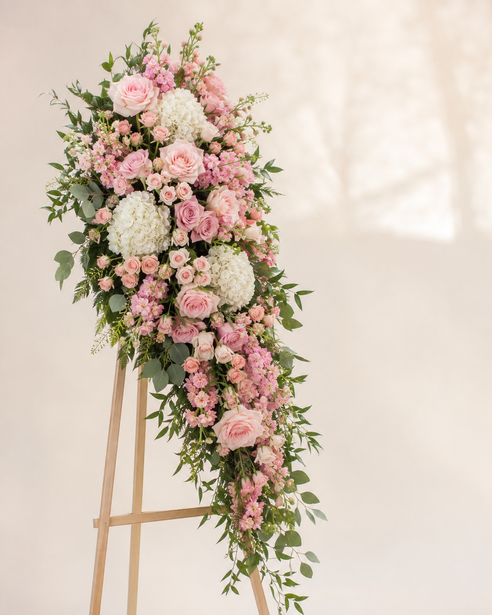 Rosewater Cascade Spray with blush roses, pink spray roses, hydrangeas, and stock