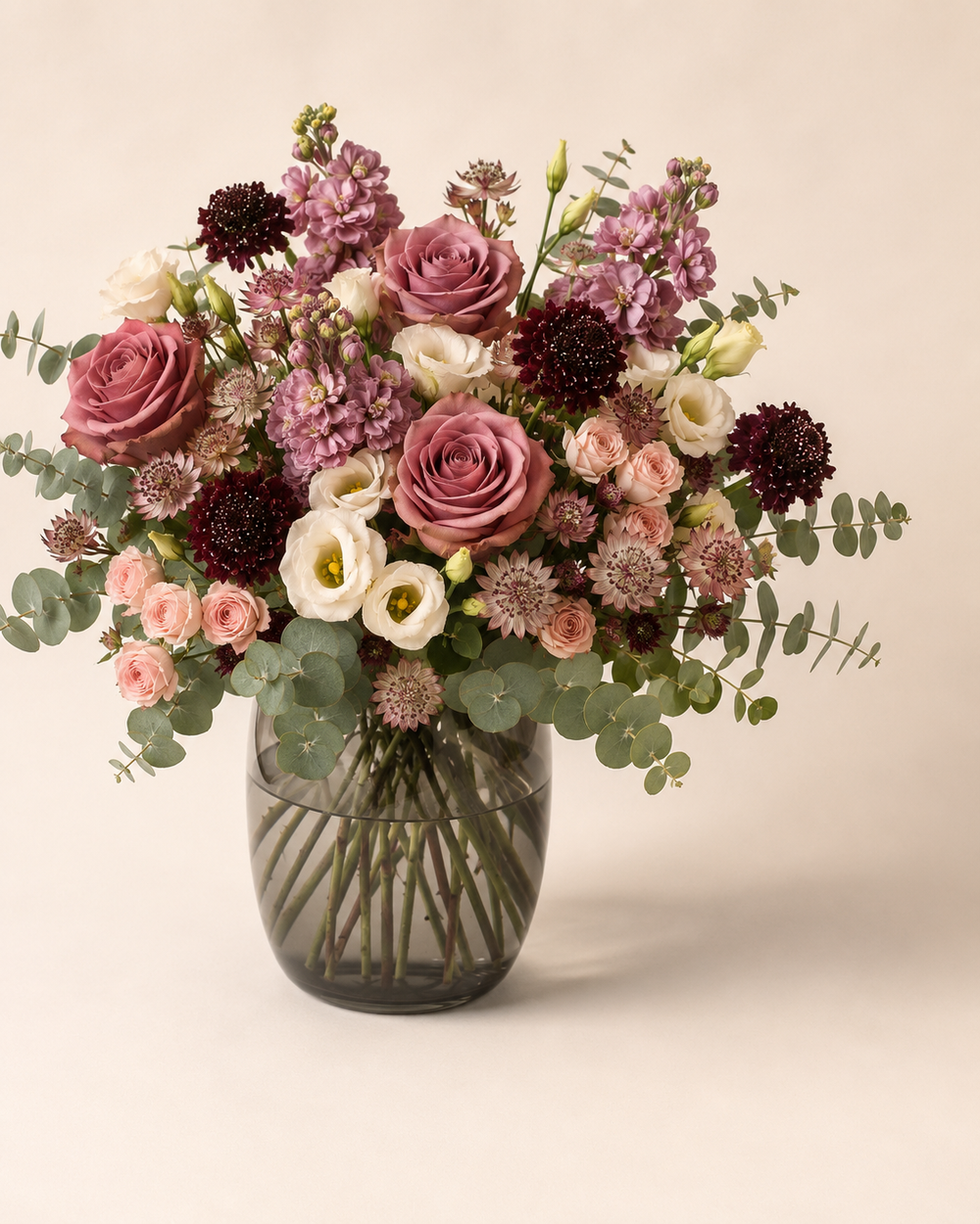 Rosewood Serenity Vase with dusty rose and plum flowers