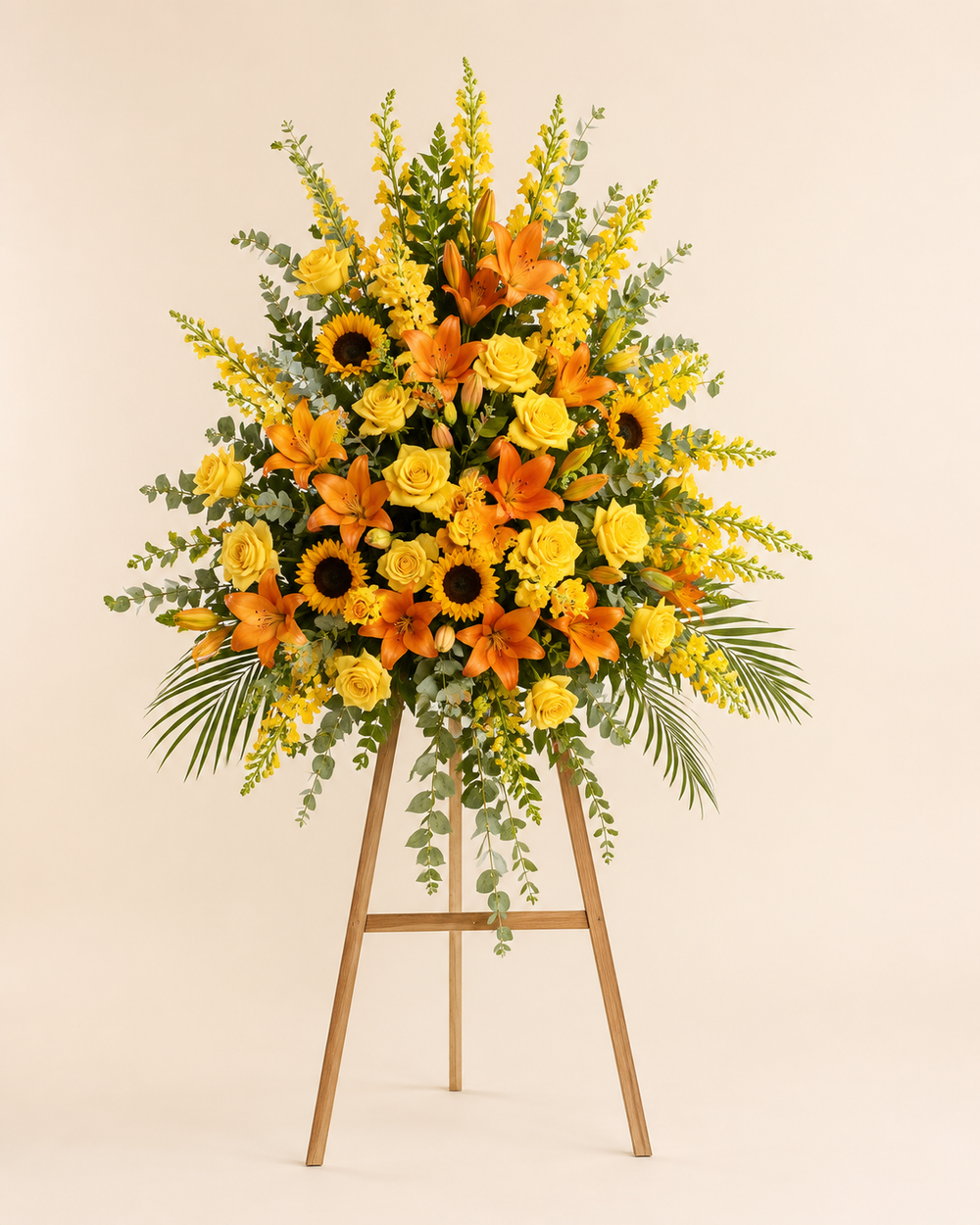 Sunlit Passage Spray with yellow roses, sunflowers, snapdragons, and orange lilies