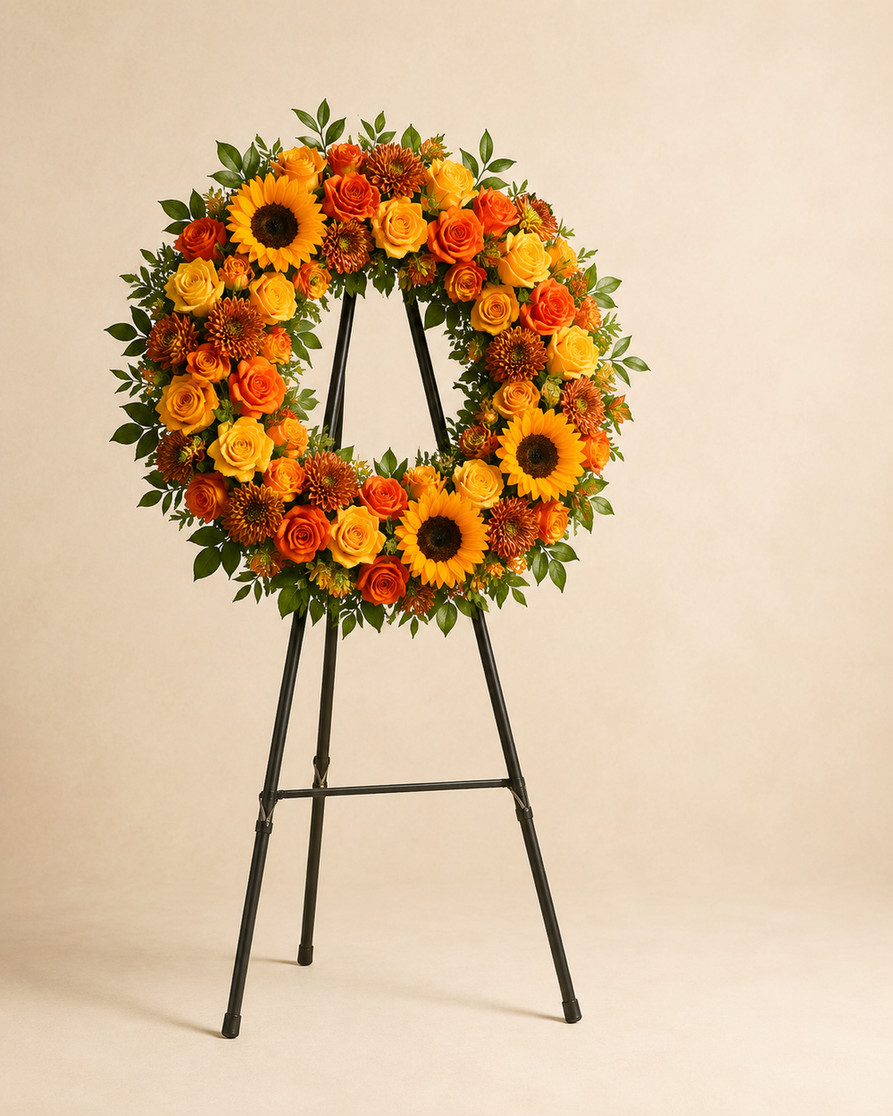 Sunset Ring open-center sympathy wreath with orange and yellow roses, sunflowers, and bronze mums on an easel
