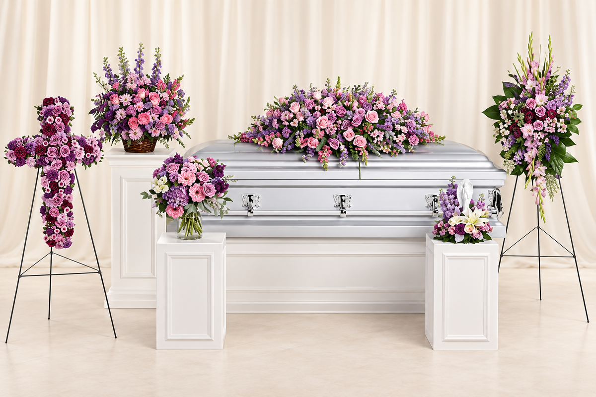 Teleflora's Lavender Tribute Collection — complete 6-piece floral set on cream backdrop