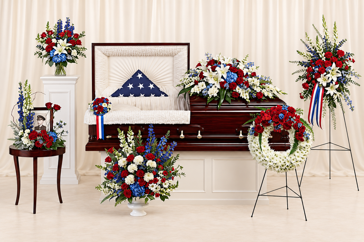 Teleflora's Distinguished Service Collection — complete 7-piece floral set on cream backdrop