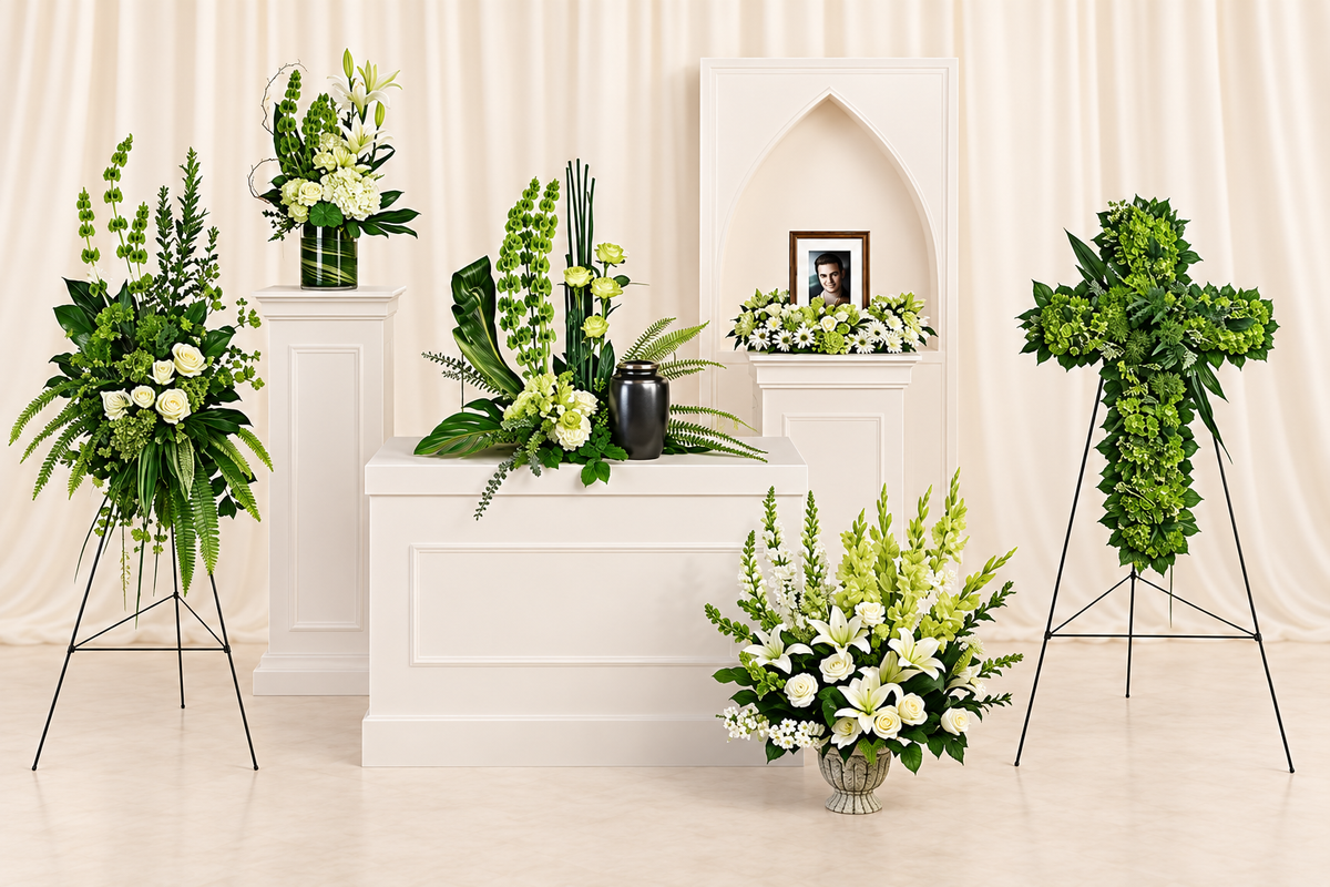 Teleflora's Tranquil Peace Collection — complete 6-piece floral set on cream backdrop